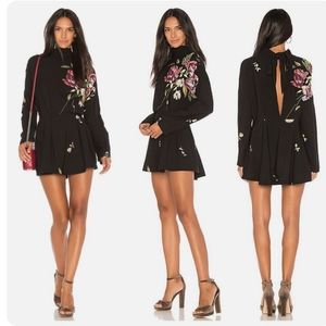 Free People Women's Gemma Floral Tie Neck Open Back black mini tunic dress